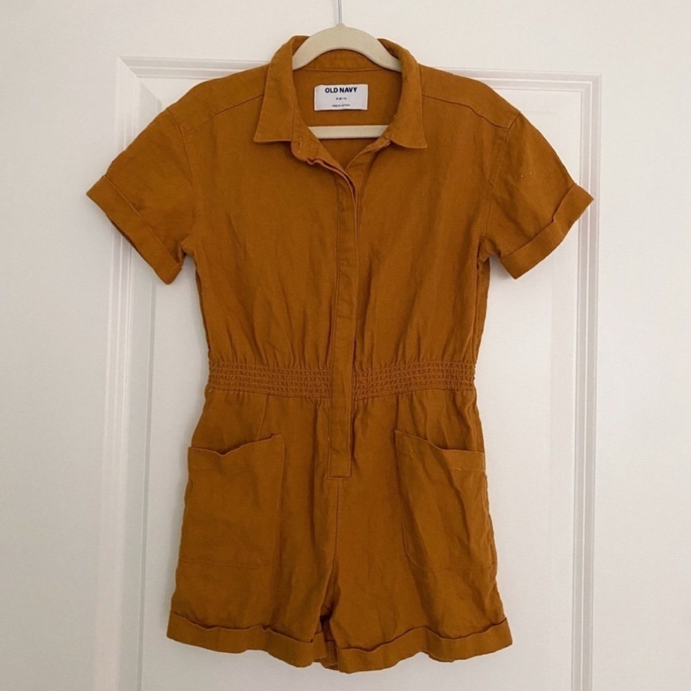 Old Navy Girls linen blend Collar Shorts Romper One Piece Size 6 7 Years